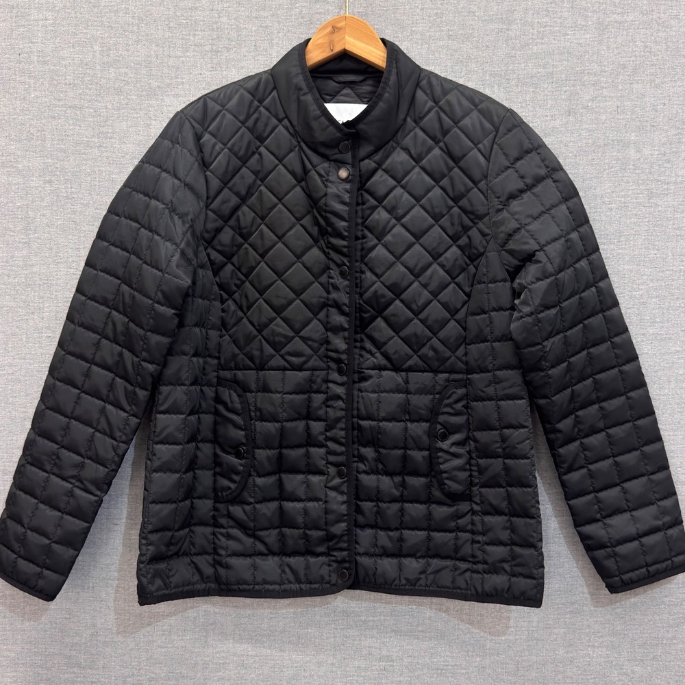 Rebecca Minkoff Womens Black Quilted Puffer Jacket Mock Neck Snap Front Size L